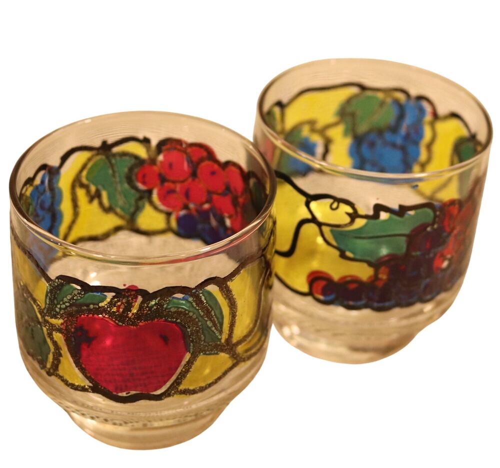 Pair (2) 1970s Libbey “Stained Glass” Fruit Lowball / Juice Glasses – Retro 70s